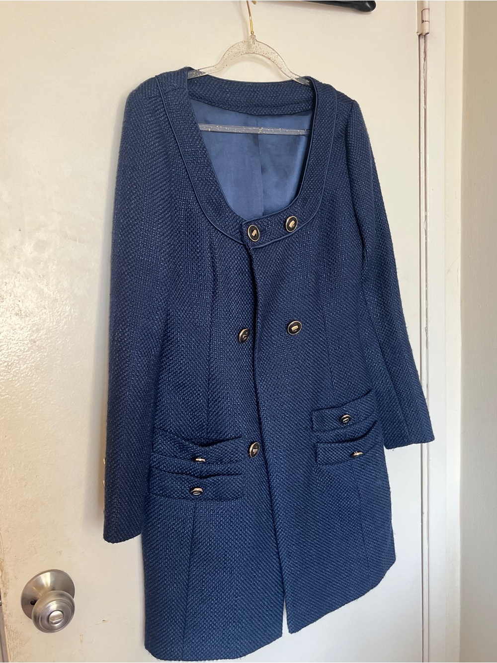 Women’s Navy Textured Double-Breasted Coat